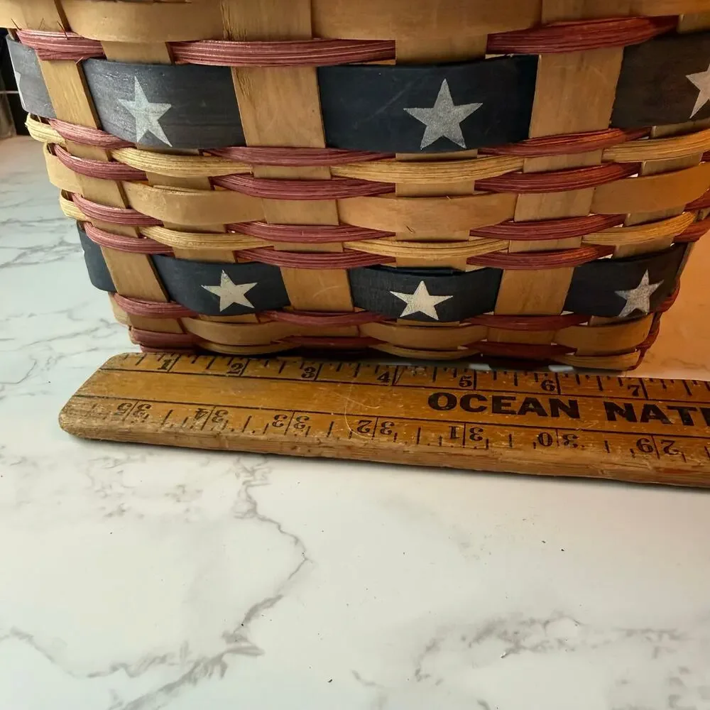 Vtg Woven Wood Basket Square Storage Americana Red Patriotic